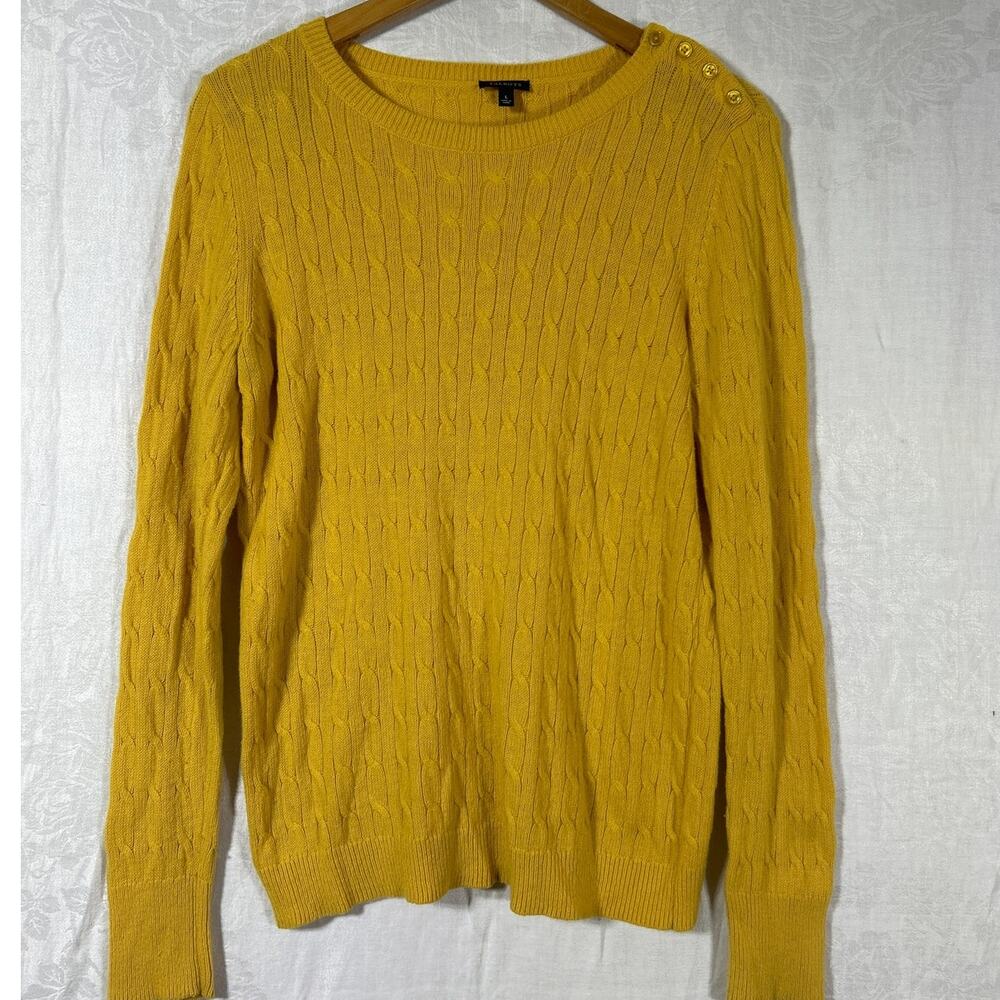 Talbots Sweater Large Mustard Yellow Cable Knit Lambswool Blend Button Detail